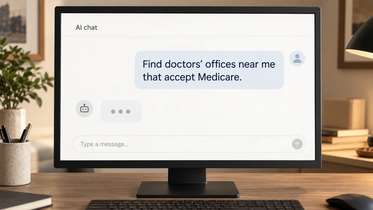 Computer screen showing an AI chat request to find nearby doctors’ offices that accept Medicare